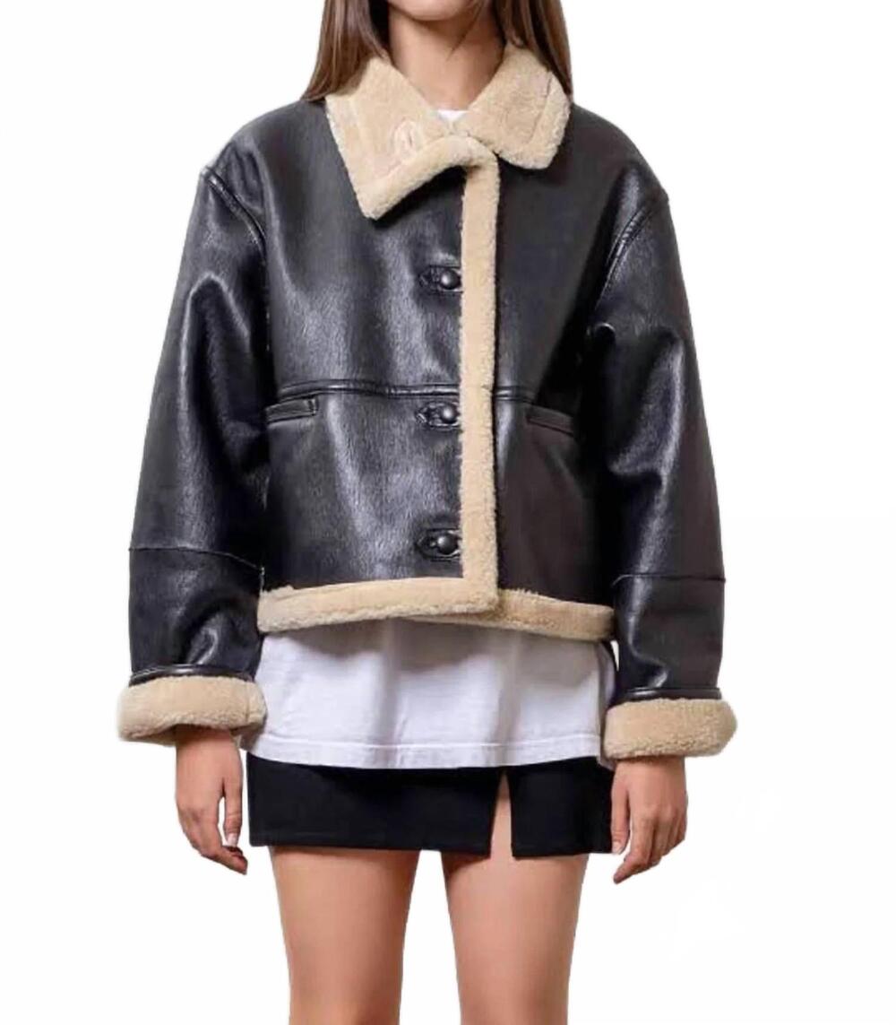 NEW MOON RIVER shearling button jacket in black
